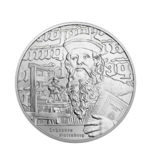 Perspectiva frontal de la moneda de plata Johannes Gutenberg de 1oz de 2024