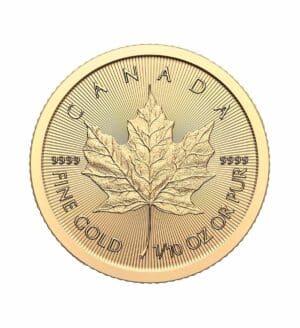 Perspectiva frontal de la cruz de la moneda de oro Maple Leaf de 1/10oz de 2024, con la imagen de la hoja de arce con un gran nivel de detalle en sus nervios