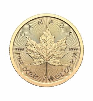 Perspectiva frontal de la cruz de la moneda de oro Maple Leaf de 1/4oz de 2024, con la imagen de la hoja de arce con un gran nivel de detalle en sus nervios