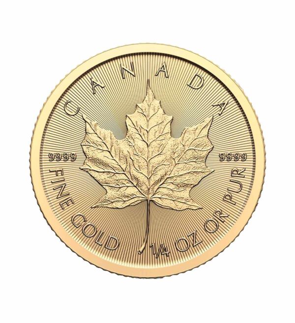 Perspectiva frontal de la cruz de la moneda de oro Maple Leaf de 1/4oz de 2024, con la imagen de la hoja de arce con un gran nivel de detalle en sus nervios