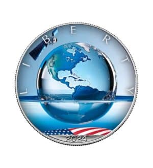 Perspectiva frontal de la cara de la moneda de plata policromada Tierra Cibernética de 1 oz de 2024