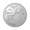 Perspectiva frontal de la cruz de la moneda de plata Year of the Dragon de 1oz de 2024, con el cuerpo del animal en escorzo