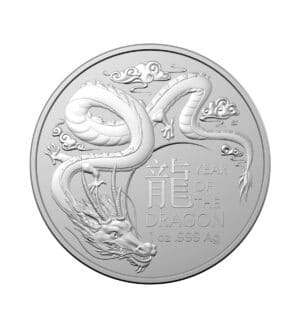 Perspectiva frontal de la cruz de la moneda de plata Year of the Dragon de 1oz de 2024, con el cuerpo del animal en escorzo