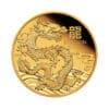 Perspectiva frontal de la cruz de la moneda de oro Año del Dragón de 1/2oz de 2024, con el diseño del dragón ocupando casi toda la moneda