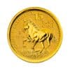 Perspectiva frontal de la cruz de la moneda de oro Caballo Cartujano de 1/10oz de 2024, que muestra al caballo con sus patas delanteras en el aire