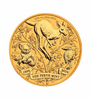 Perspectiva frontal de la cruz de la moneda de oro 125 aniversario de Perth Mint de 1oz de 2024