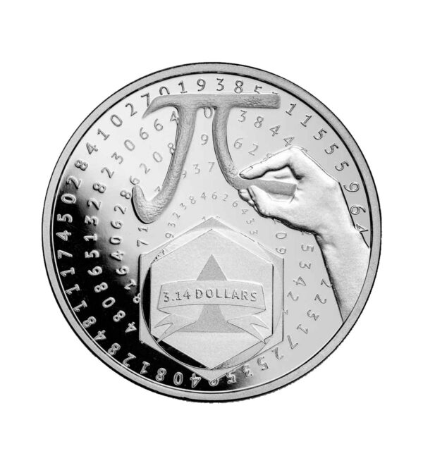 Perspectiva frontal de la cruz de la moneda de plata Número Pi de 1oz de 2024, que muestra el número escrito con una tiza