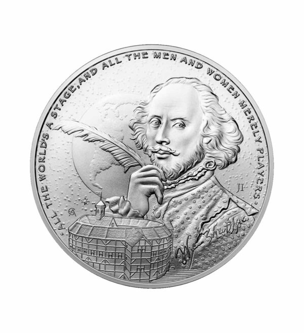 Perspectiva frontal de la cruz de la moneda de plata William Shakespeare de 1oz de 2024 de la colección Iconos de Inspiración