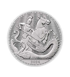 Perspectiva frontal de la cruz de la moneda de plata San Jorge y el Dragón de 1oz de 2024, que muestra al héroe atacando a la bestia