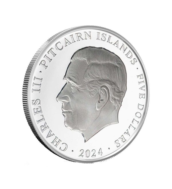 Perspectiva lateral del canto de la cara de la moneda de plata Año del Dragón de islas Pitcairn de 1oz de 2024