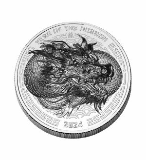 Perspectiva frontal de la moneda de plata Año del Dragón Fiji de 1oz de 2024