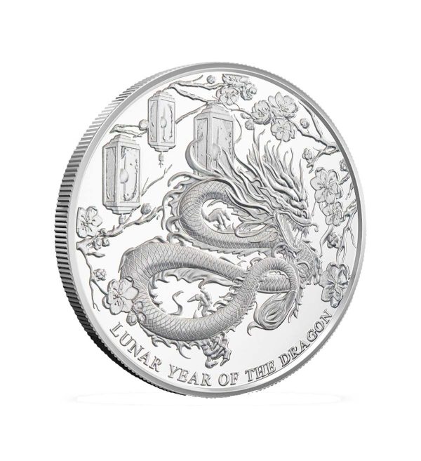 Perspectiva lateral del canto de la cruz de la moneda de plata Año del Dragón de islas Pitcairn de 1oz de 2024