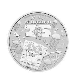 Perspectiva frontal de la cruz de la moneda de plata Bob Esponja de 1 onza de 2024, con la imagen del protagonista abriendo sus brazos