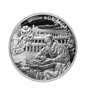 Perspectiva frontal de la cruz de la moneda de plata Romeo y Julieta de 1oz de 2024, con William Shakespeare en el centro de la imagen y los dos enamorados de su obra al fondo