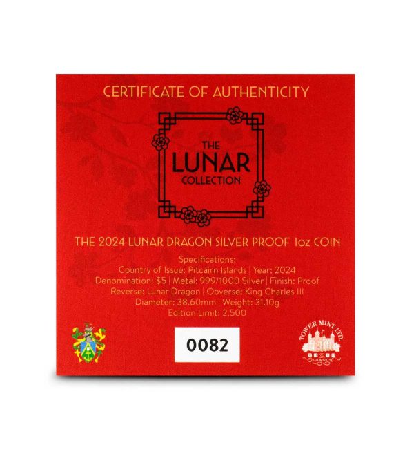 Perspectiva frontal de la caja de la moneda de plata Año del Dragón Pitcairn de 1oz de 2024