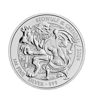 Perspectiva frontal de la cruz de la moneda de plata Beowulf y Grendel de 1oz de 2024, que muestra a ambos personajes enfrentándose