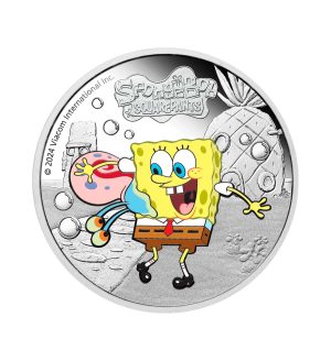 Perspectiva frontal de la moneda de plata policromada Bob Esponja y Gary de 1oz de 2024