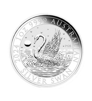 Perspectiva frontal de la cruz de la moneda de plata Cisne de 1oz de 2024, que muestra al ave batiendo sus alas sobre un lago