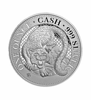 Perspectiva frontal de la cruz de la moneda de plata Leopardo de las nieves de 1oz de 2024, con el animal en posición de combate