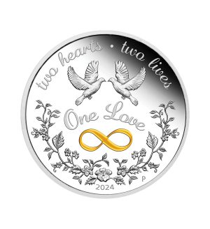 Perspectiva frontal de la moneda de plata One Love de 1oz de 2024, que muestra a dos palomas encima del símbolo del infinito y de una corona de flores