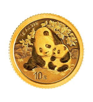 Perspectiva frontal de la cara de la moneda de oro Panda chino de 1gr de 2024, que muestra la imagen de un oso panda madre abrazando a su hija