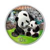 Perspectiva frontal de la cruz de la moneda de plata policromada Panda Chino de 1oz de 2024, con la tierna escena de una madre y su hijo abrazados
