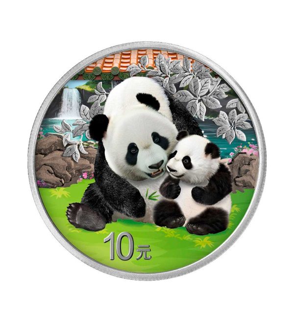 Perspectiva frontal de la cruz de la moneda de plata policromada Panda Chino de 1oz de 2024, con la tierna escena de una madre y su hijo abrazados
