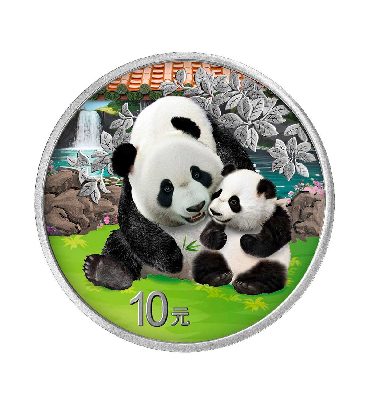 moneda-panda-chino-plata-policromada-30-gr-2024 Perspectiva frontal de la cruz de la moneda de plata policromada Panda Chino de 1oz de 2024, con la tierna escena de una madre y su hijo abrazados