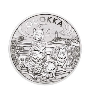 Perspectiva frontal de la cruz de la moneda de plata Quokka de 1oz de 2024, que muestra una escena de 3 animales en un entorno natural precioso.