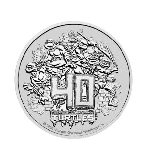 Perspectiva frontal de la cruz de la moneda de plata 40 Aniversario de Tortugas Ninja de 1oz de 2024, con la imagen de las 4 tortujas y varios edificios de fondo