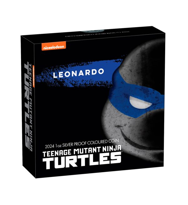 Perspectiva frontal de la caja de la moneda de plata policromada Leonardo de las Tortugas Ninja de 1oz de 2024