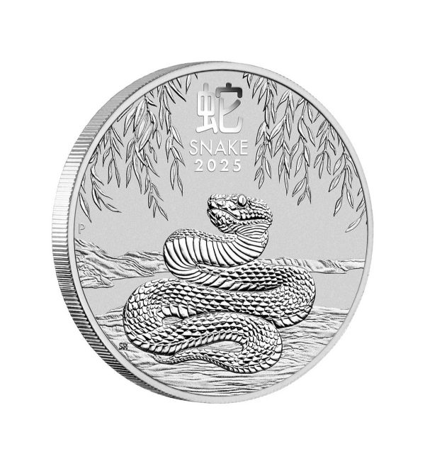 Perspectiva lateral del canto de la moneda de plata Año de la Serpiente de 1oz de 2025