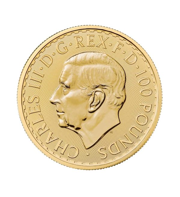 Perspectiva frontal de la cara de la moneda de oro Britannia de 1oz de 2025, con el rostro del monarca Carlos III