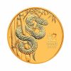 Perspectiva frontal de la moneda de oro Año de la Serpiente de 1/10oz de 2025, con el diseño de la serpiente subiendo sobre un tronco de bambú