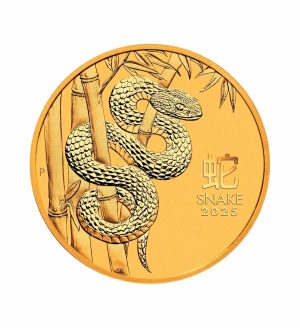 Perspectiva frontal de la moneda de oro Año de la Serpiente de 1/10oz de 2025, con el diseño de la serpiente subiendo sobre un tronco de bambú