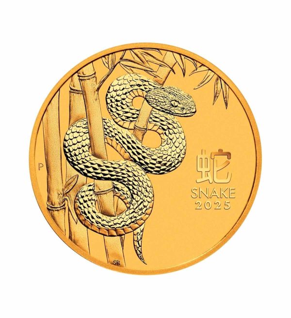 Perspectiva frontal de la moneda de oro Año de la Serpiente de 1/4oz de 2025, con el diseño de la serpiente subiendo sobre un tronco de bambú