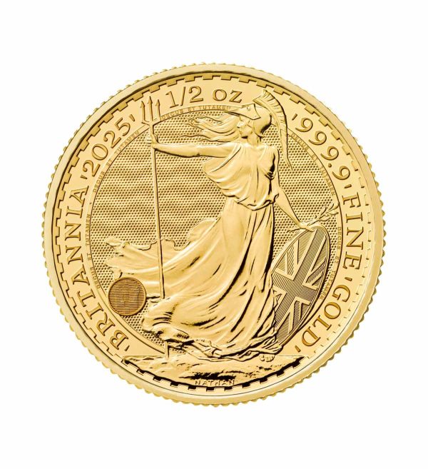 Perspectiva frontal de la cruz de la moneda de oro Britannia de 1/2oz de 2025, que muestra a la diosa sosteniendo el tridente y el escudo de Gran Bretaña