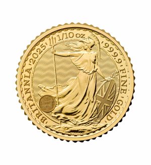 Perspectiva frontal de la cruz de la moneda de oro Britannia de 1/10oz de 2025, con la imagen de la diosa portando un tridente y el escudo de Gran Bretaña