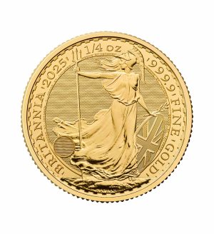 Perspectiva frontal de la cruz de la moneda de oro Britannia de 1/4oz de 2025, que muestra a la diosa sosteniendo el tridente y el escudo de Gran Bretaña