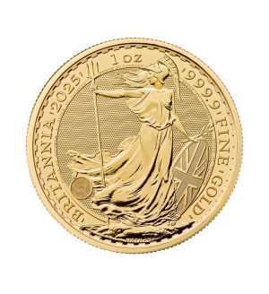 Perspectiva frontal de la moneda de oro Britannia de 1oz de 2025, que muestra a la diosa sosteniendo el tridente y el escudo de Gran Bretaña