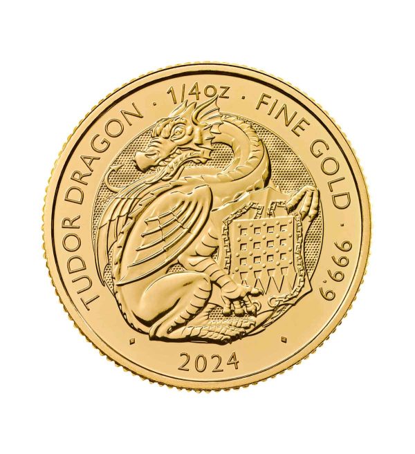 Perspectiva frontal de la cara de la moneda de oro Dragón Tudor de 1/4oz de 2024, con el animal sosteniendo un escudo de la familiar nobiliaria