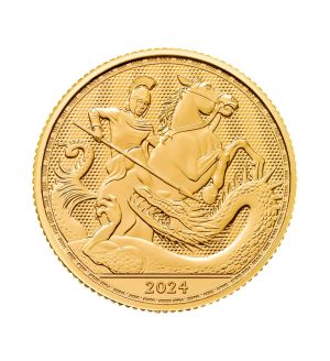 Perspectiva frontal de la cruz de la moneda de oro San Jorge y el Dragón de 1/4oz de 2024, que muestra al caballero atacando con una lanza a la bestia