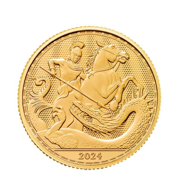 Perspectiva frontal de la cruz de la moneda de oro San Jorge y el Dragón de 1/4oz de 2024, que muestra al caballero atacando con una lanza a la bestia