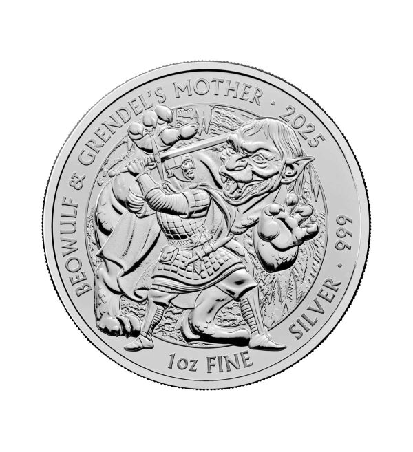 Perspectiva frontal de la cruz de la moneda de plata Beowulf y Grendel de 1oz de 2025, que muestra a la bestia y al héroe enfrentándose en una pelea