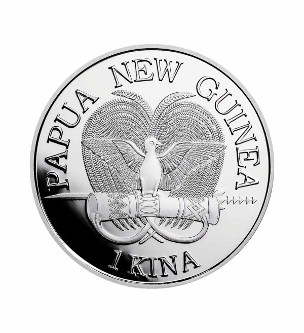cara-moneda-ave-del-paraiso-plata-1-oz-2023 Perspectiva frontal de la cara de la moneda de plata Ave del paraíso de 1oz de 2023, que muestra el escudo de armas de Papúa Nueva Guinea