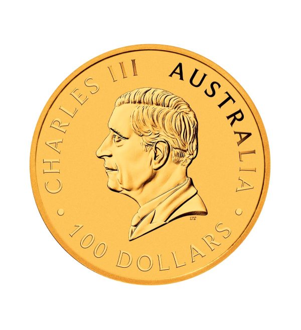 Perspectiva frontal de la cara de la moneda de oro Canguro australiano de 1oz de 2025, que muestra el rostro del monarca Carlos III