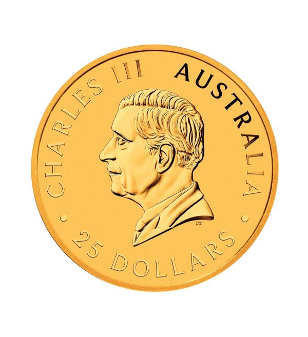 Perspectiva frontal de la cara de la moneda de oro Canguro australiano de 1/4oz de 2025, que muestra el rostro del monarca Carlos III