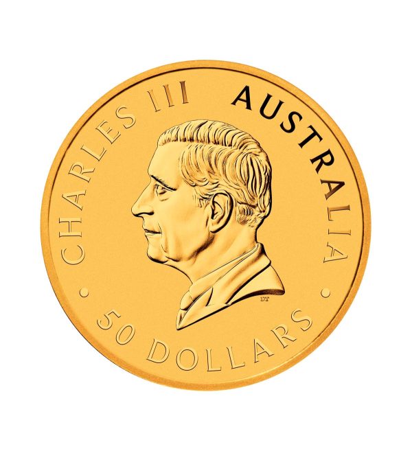 Perspectiva frontal de la cara de la moneda de oro Canguro australiano de 1/2oz de 2025, que muestra el rostro del monarca Carlos III