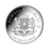 Perspectiva frontal de la cruz de la moneda de plata policromada Elefante de Somalia de 1oz de 2024, con el escudo de armas del país