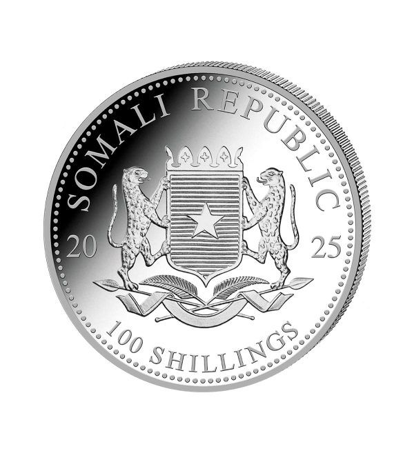 Perspectiva frontal de la cruz de la moneda de plata policromada Elefante de Somalia de 1oz de 2024, con el escudo de armas del país